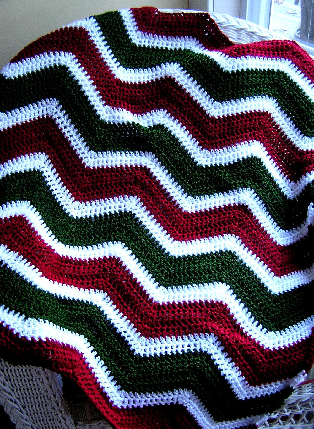 chevron ripple baby blanket afghan wrap crochet knit lap robe wheelchair stripes RED HEART soft yarn wine green white CHRISTMAS