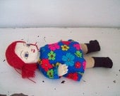 Vintage Cloth Doll Yarn Hair and Flower Power Dress