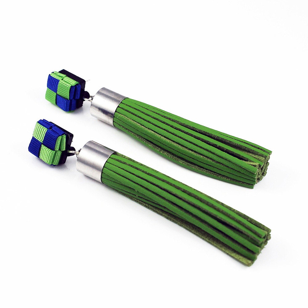 The Josette woven leather tassel earrings in lime green and blue