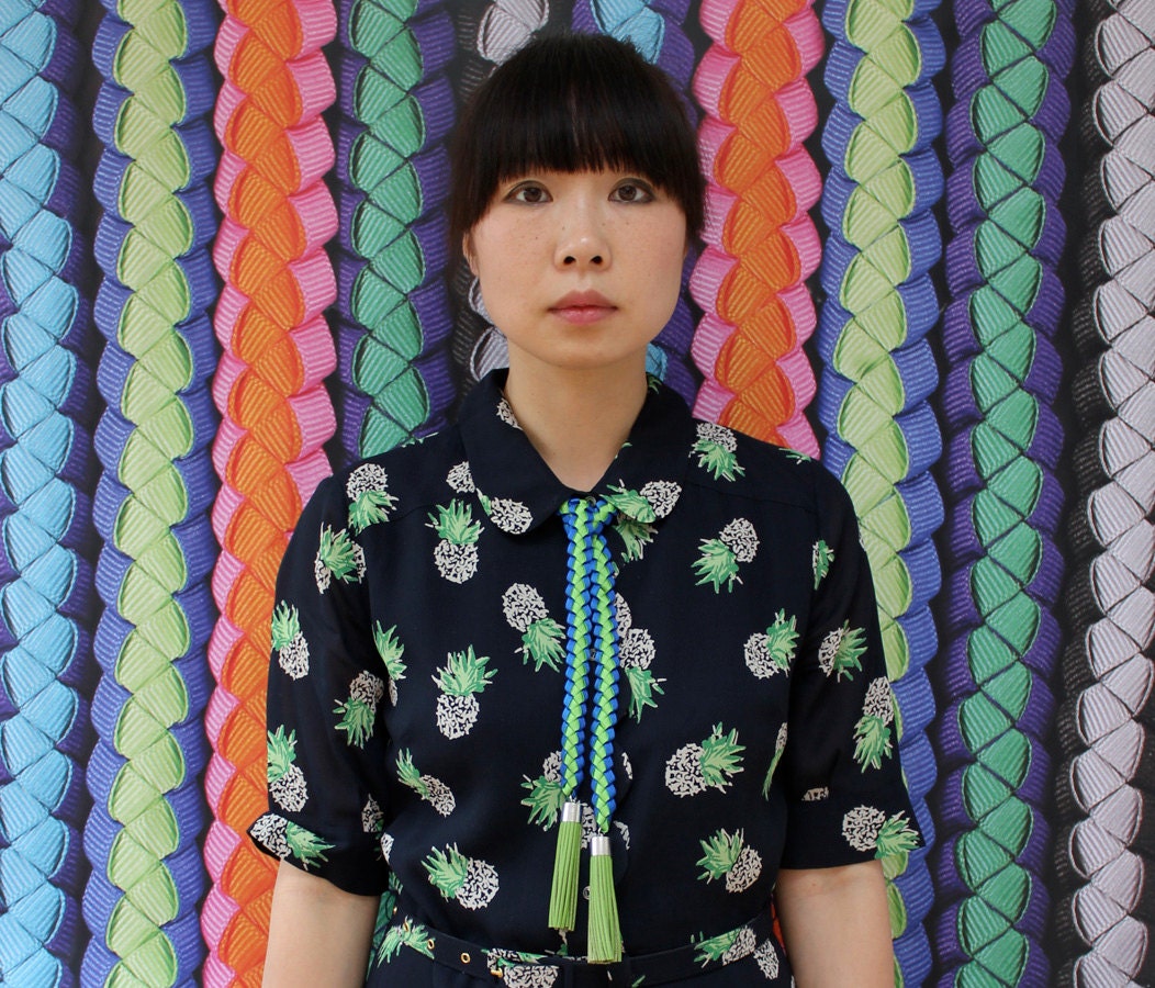 The Odile braided lariat tassel necklace in lime green and blue
