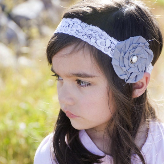 BABY RUTH - gray and cream lace rose headband