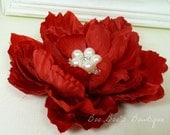 Red Peony Hair Flower with Pearl and Clear Rhinestone Center Girls Women Wedding