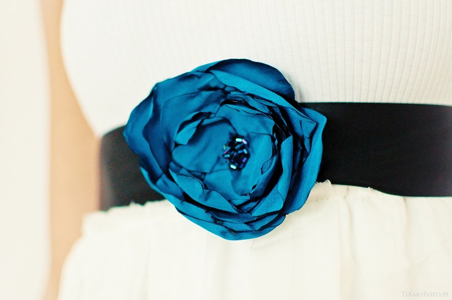 Bridal Sash Belt Wedding Dress Decoration Black Satin Peacock Teal Taffeta Flower Bridesmaids Gift