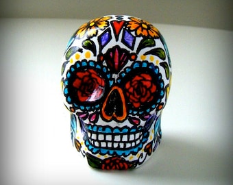 Ceramic Sugar Skull Sculpture Day of the Dead Tattoo folk art dia de los muertos Hand Painted red roses turquoise yellow cyber monday etsy