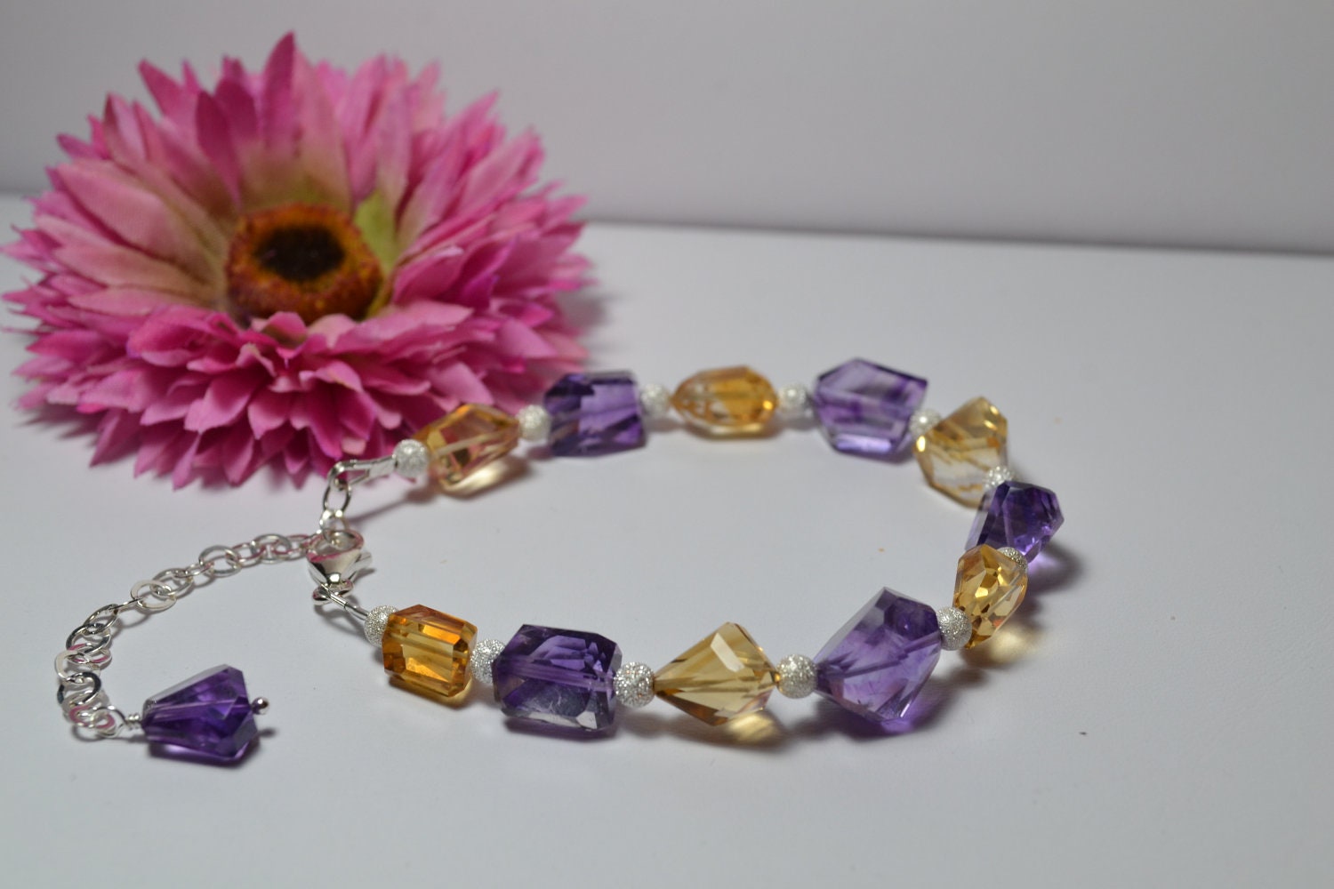 Faceted Natural Nugget Citrine and Amethyst Bracelet