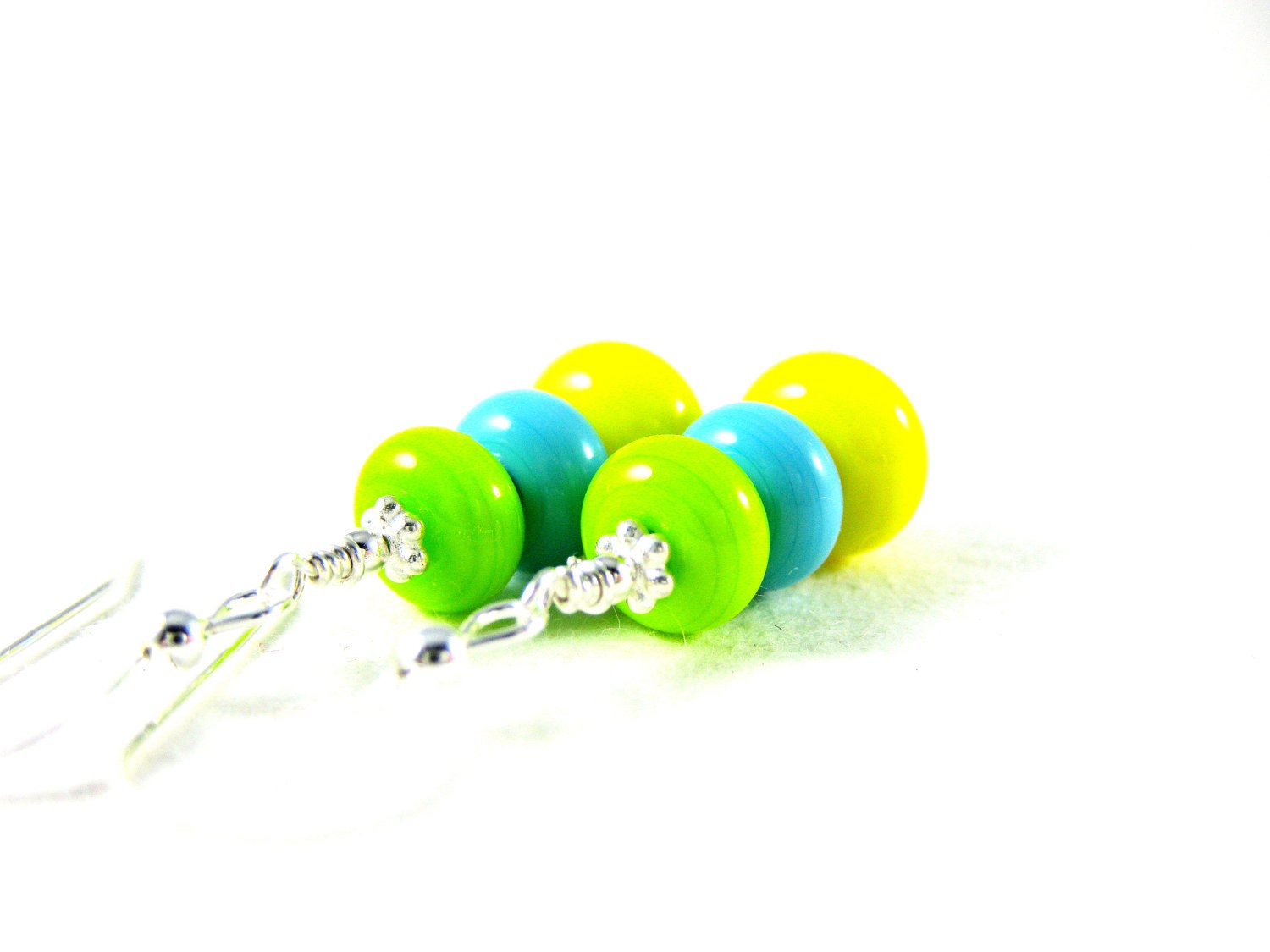 Colorful Glass Bead Earrings, Yellow Turquoise Green Beadwork Earrings, Lampwork Earrings, Neon Earrings, Dangle Earrings - Bright Lights