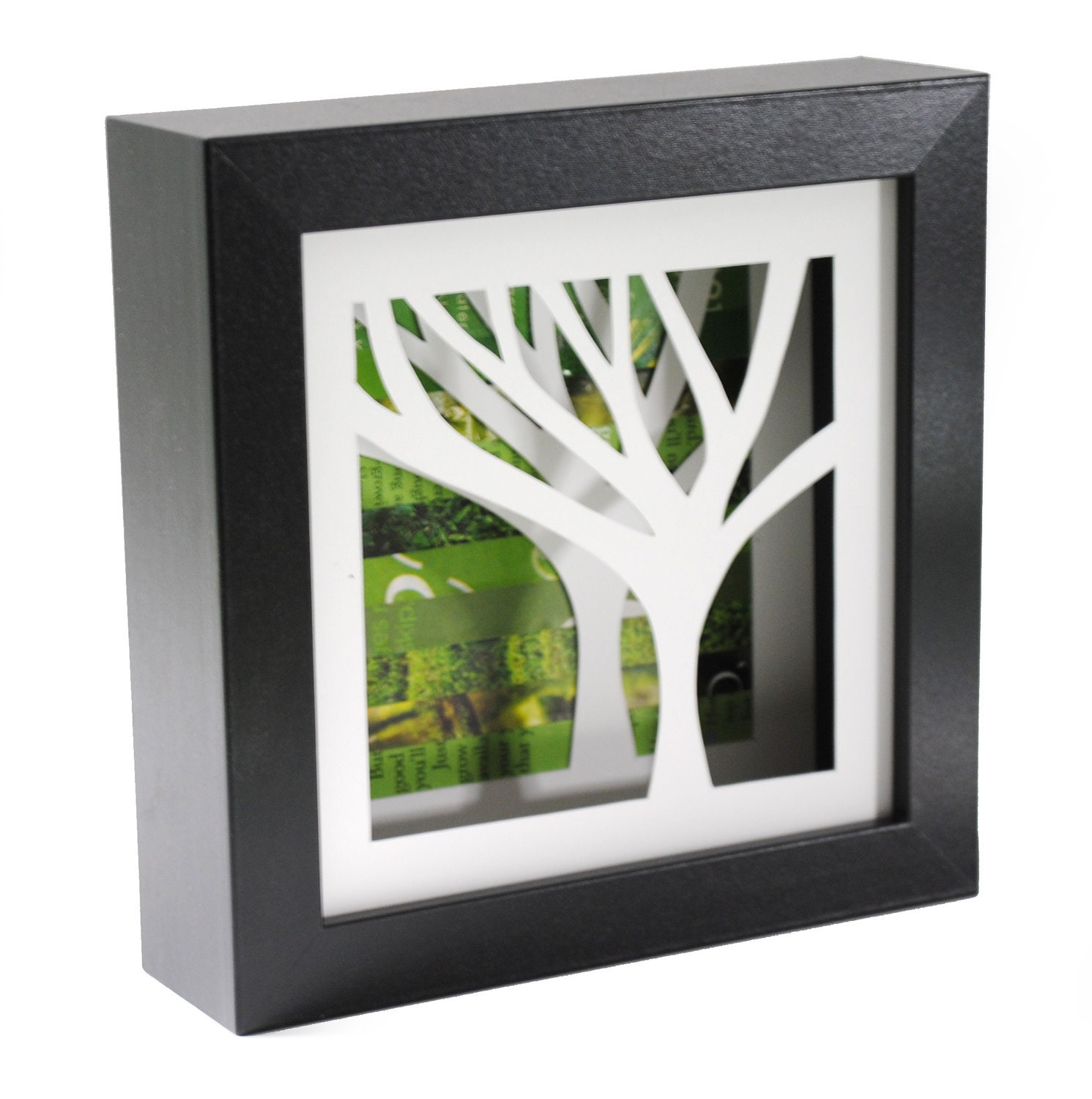 SALE 25 percent off - tree shadowbox- on the right- made from recycled magazines, handcut, colorful