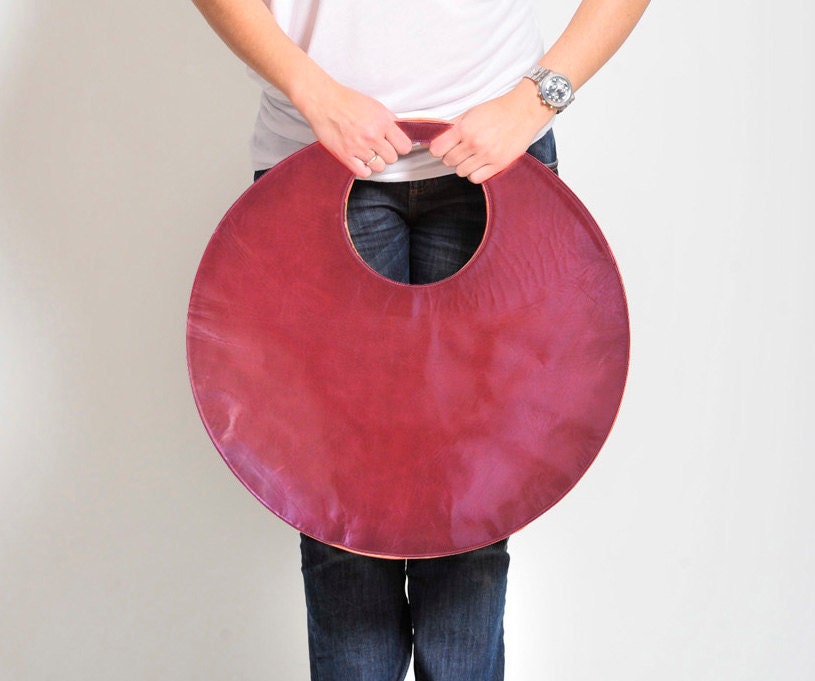 Large leather tote bag, large clutch, circle handbag fuchsia handbag, green handbag