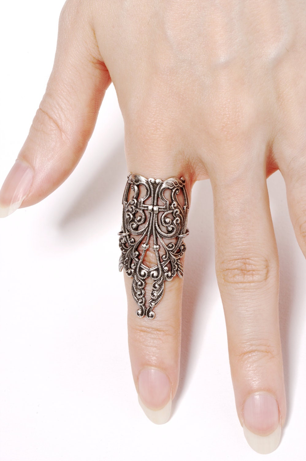 Daenerys Finger Armor - Single - Unisex Antiqued Sterling Silver Plated Filigree Ring with Side Flourishes - By Ghostlove