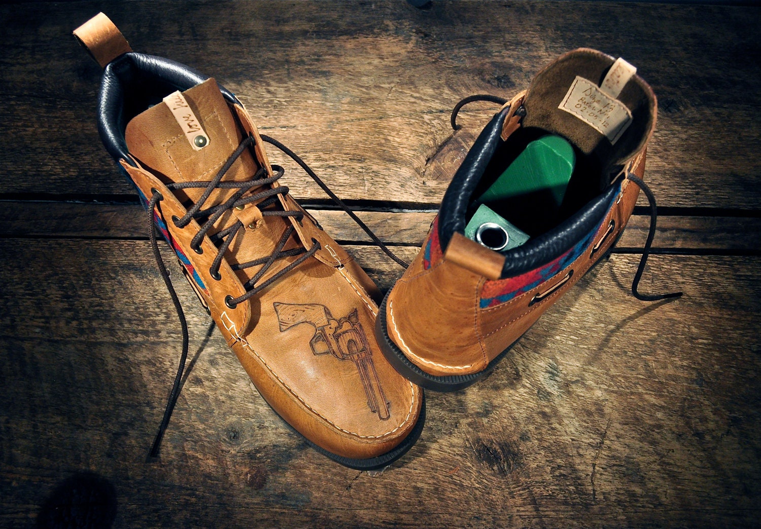 Handcrafted HIGHTOP Leather Boat Shoes - Waxed Tan w/ Teal Southwest Inspired Patterned Wool detail & etched pistols - MADE to ORDER