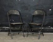 Industrial Metal Folding Chairs, Vintage Concert Hall Seats Set of Two