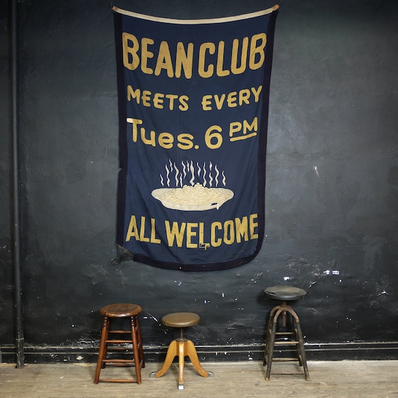 Antique Bean Club Banner, Hand Stitched Folk Social Club Sign