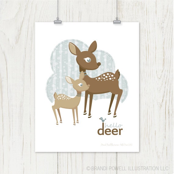 Hello Deer Poster: Doe and Fawn Deer Print - Deer, Woods, Birch Tree, Winter Snow - Blue, Khaki, Tan, Brown 8 x 10