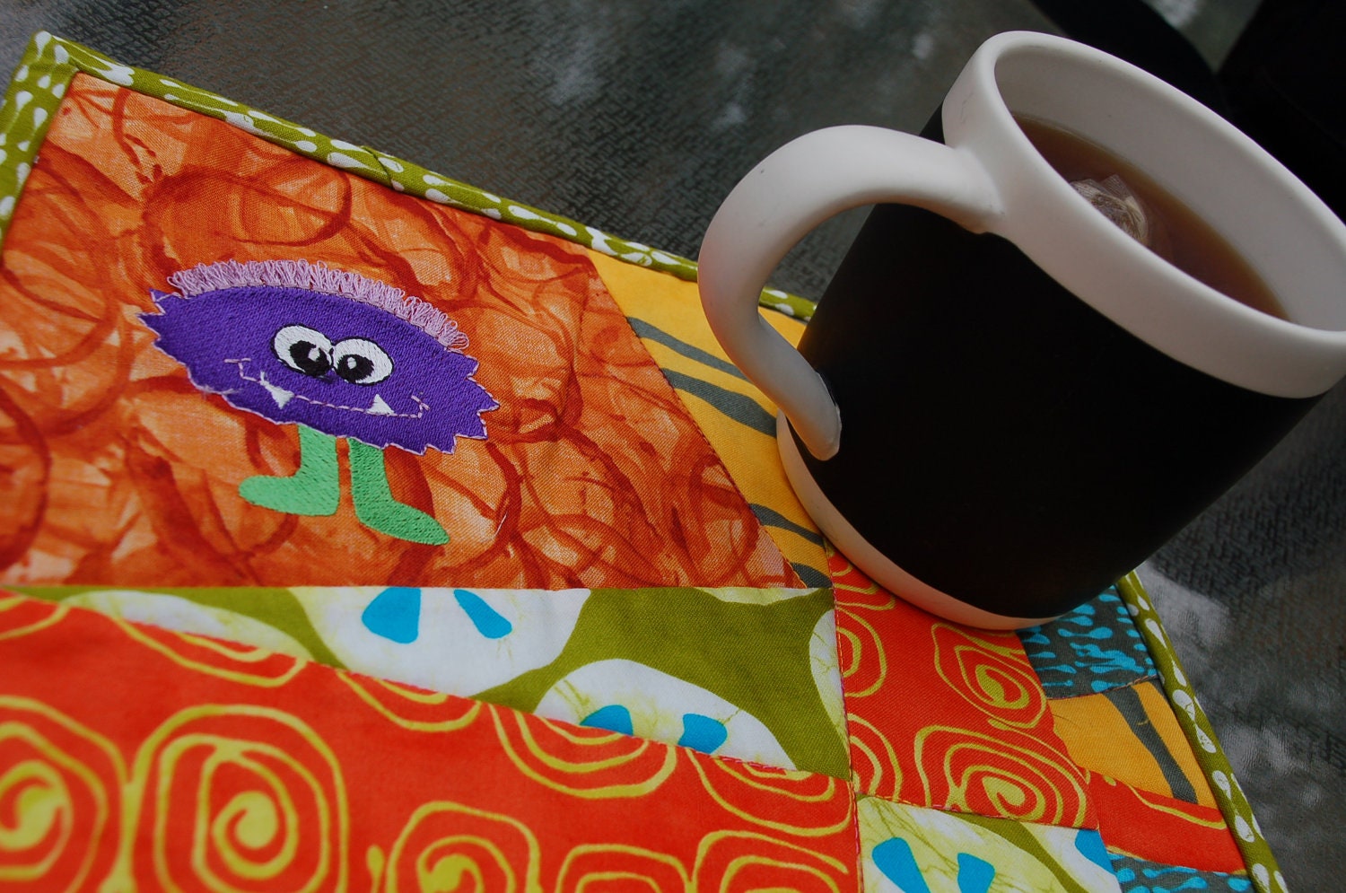 Mini Quilt/Mug Rug with Embroideried Fringed Sally Monster just in time for Halloween