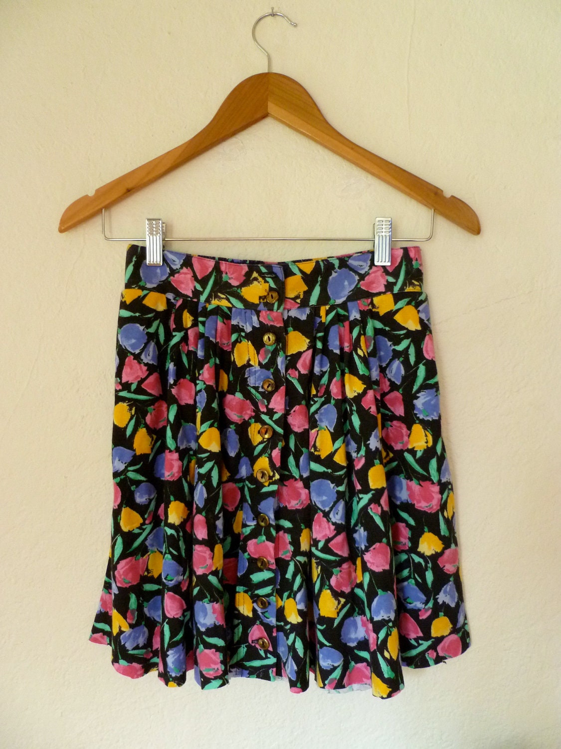 Vintage Skirt Printed Floral Pattern Mini Short Button Up Tulips Mulitcolor Bright Bold Print