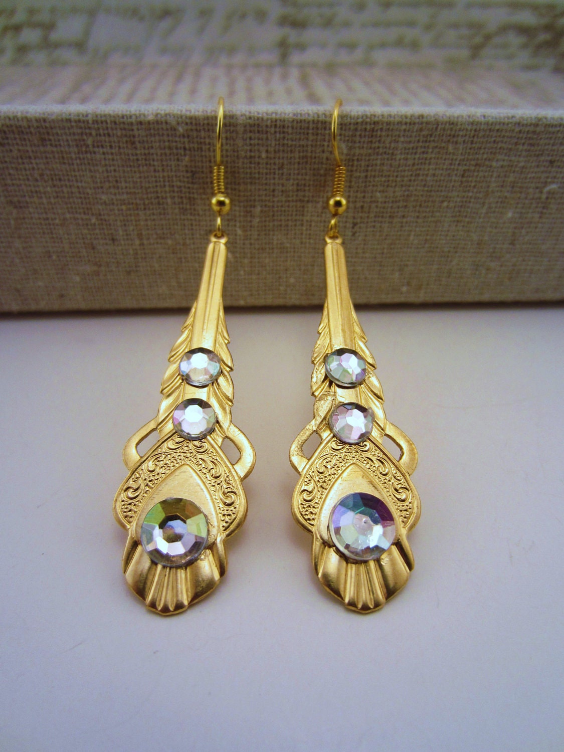 Brass art deco earrings. AB-coated rhinestones. Dangle earrings. Gold-toned jewelry. OOAK earrings. Only pair.