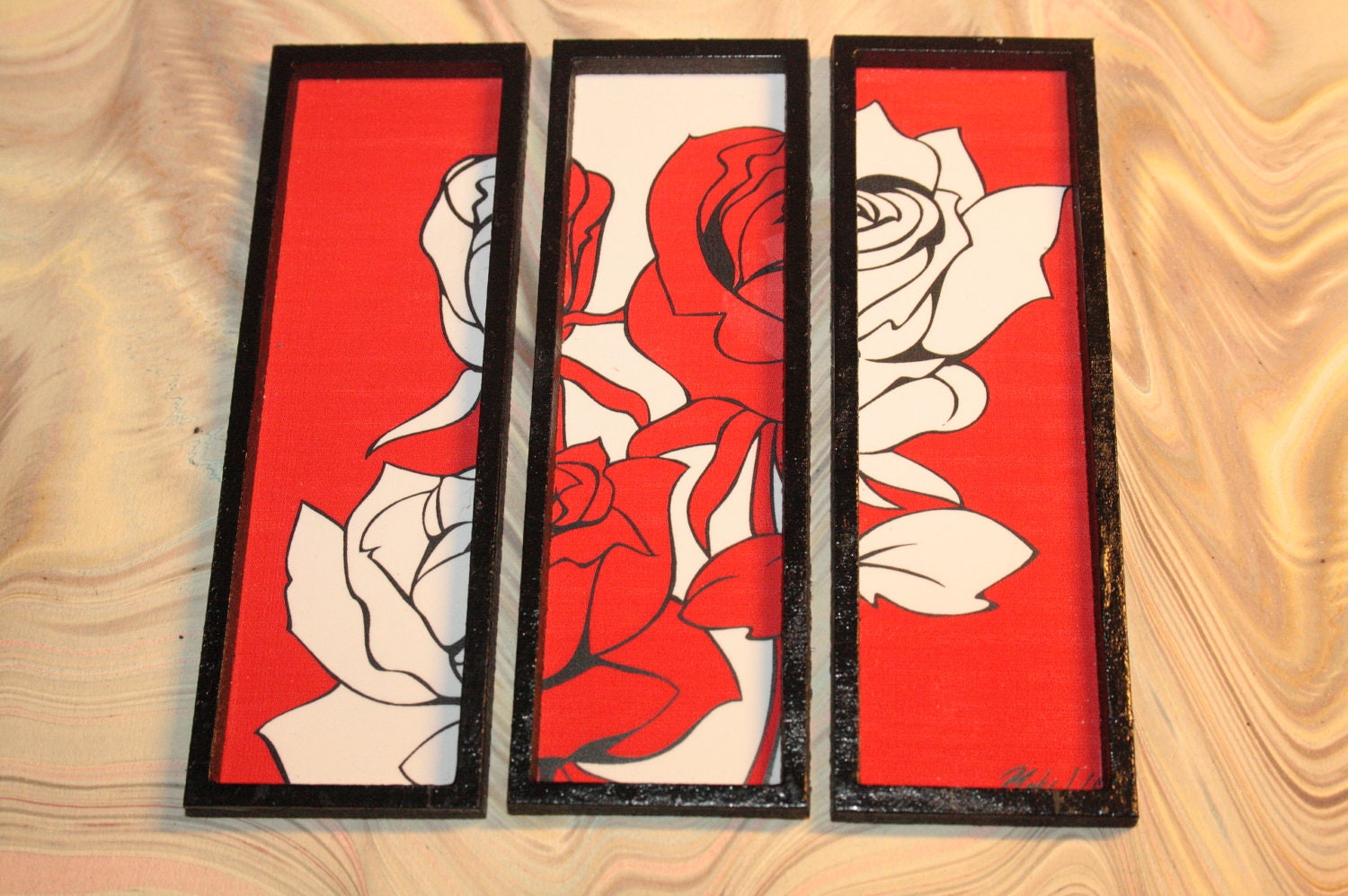 Modern miniature dollhouse tryptic painting 1/12, Red roses