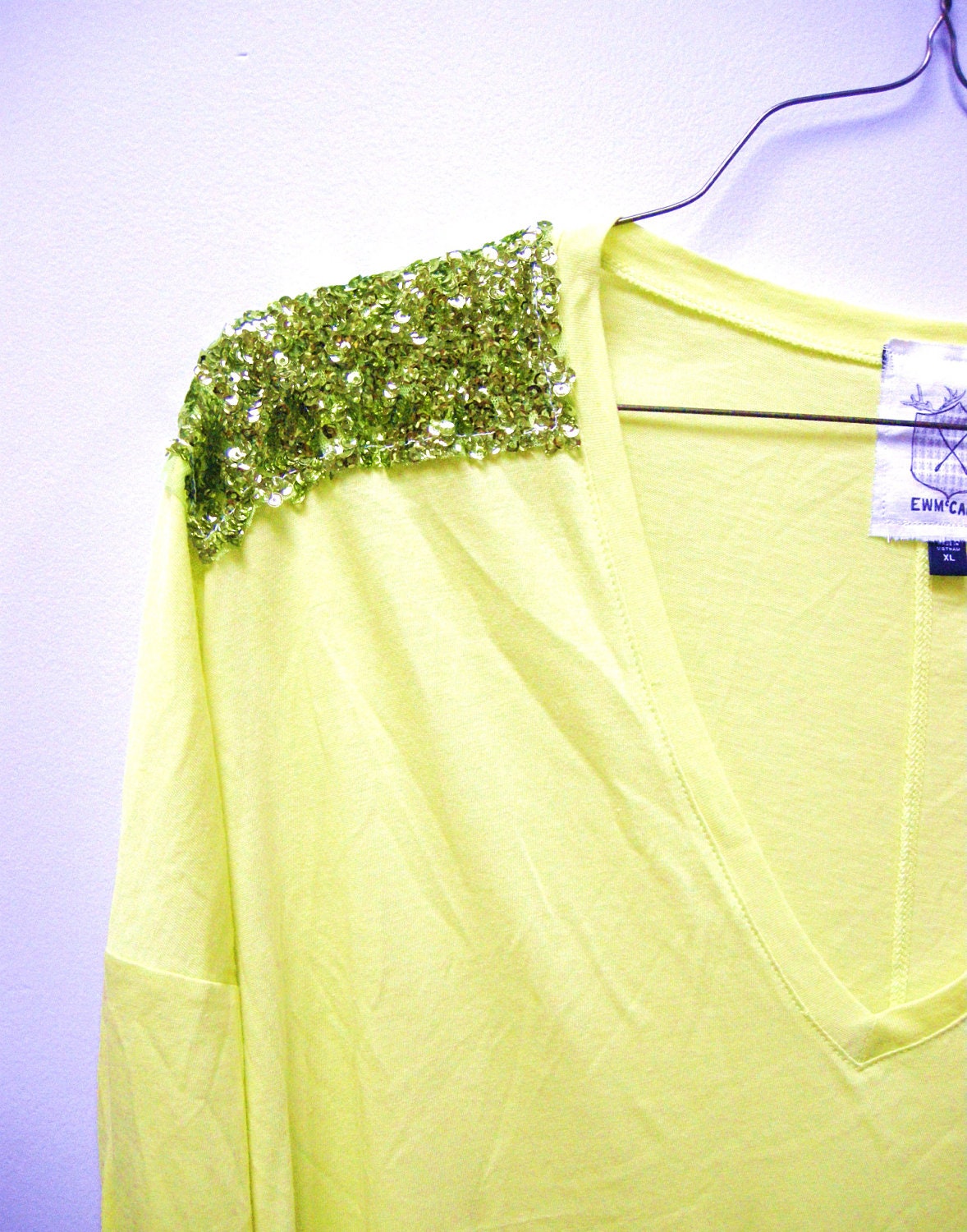 Womens Sequin Shoulder Neon Yellow T-Shirt with Long Sleeves Size X-Large from E W McCall