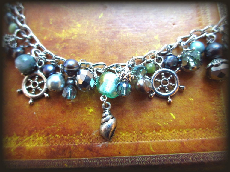 Aqua blue and silver nautical charm bracelet