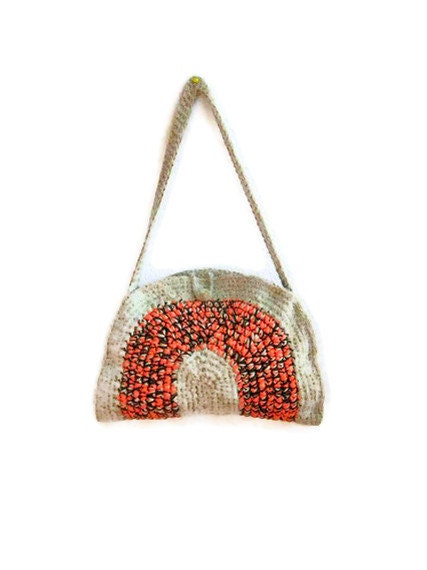 OOAK, Crochet Bag, Clutch, Colorful, Beige, Orange, Harvest, Autumn, OOAK ,   Shabby, Chic, Circle, Stripe
