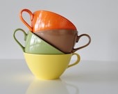 Lenotex Melamine Cups - Vintage Set Of 4 Melmac Plastic Cups - Retro Kitchen Coffee Mugs - Orange Brown Green Yellow