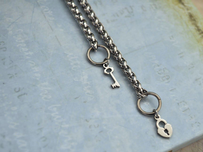 KEY and LOCK BRACELET set - minimalist friendship antiqued silver tone surgical steel rope chain bracelets set with tiny key and lock charms