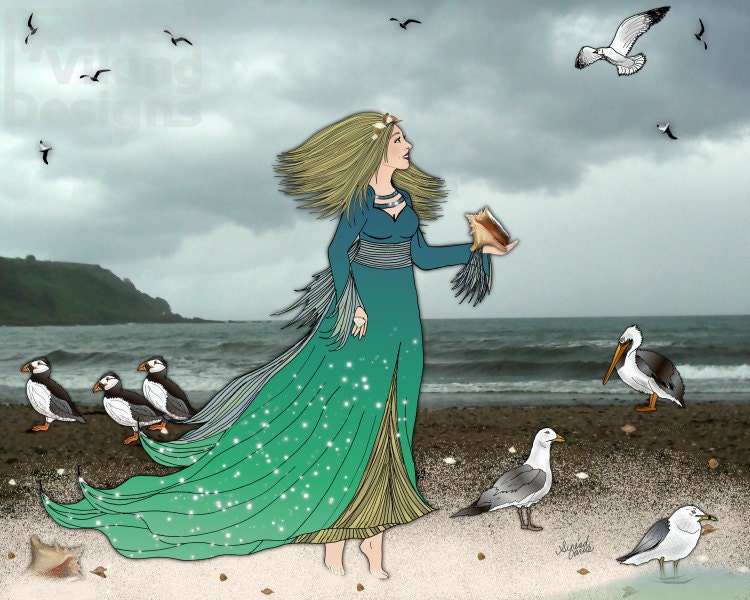 Queen of the Shore 8x10 original illustration art print, seashore art, beach art, sea, beach, seagulls, Atlantic