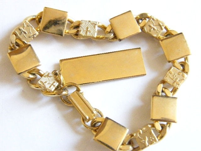 Vintage ID Charm Bracelet Gold Square Links, Rectangle ID Bar Charm