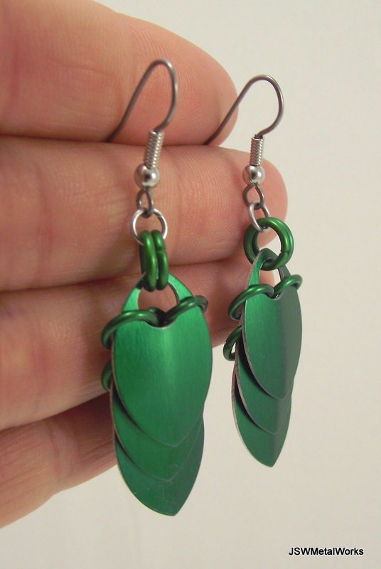 Sleek Green Small Scale Earrings, Scalemail, Scale Earrings, Aluminum Earrings