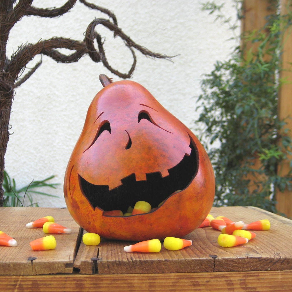 Halloween Gourd Jack-O-Lantern Natural Carved Spooky fall Decoration Candy Dish