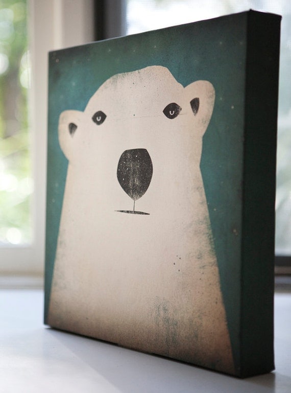 POLAR BEAR Potrait Graphic Wall Art Gallery Wrapped Canvas Panel 12x12x1.5 inch  signed Ready to Hang