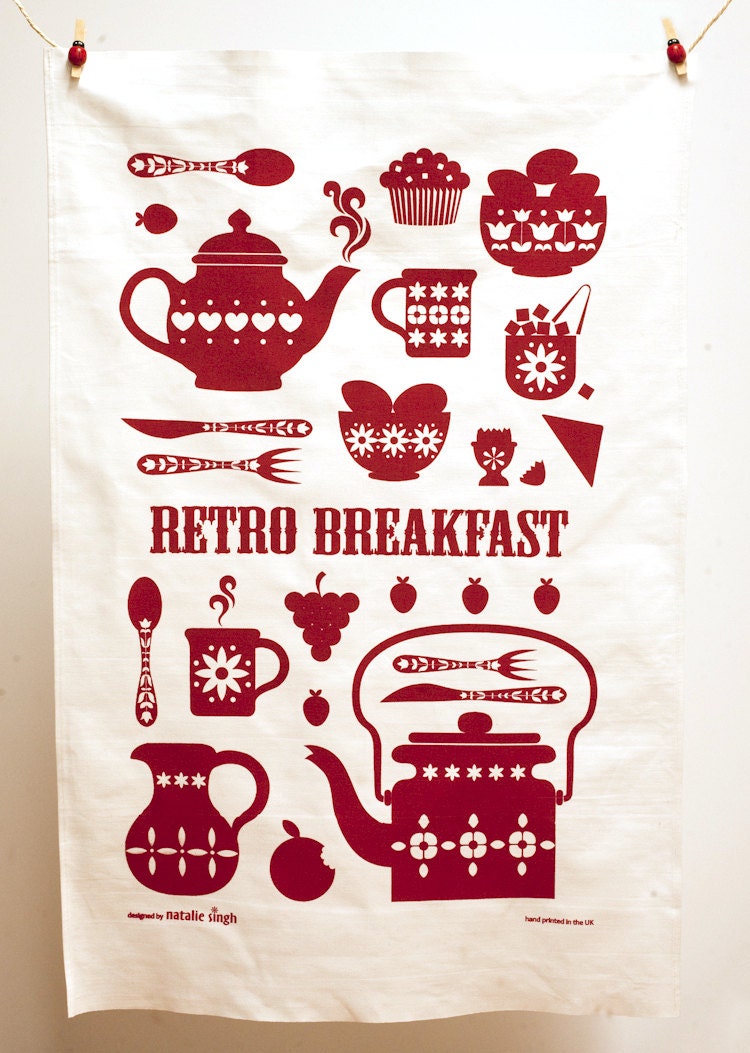 2 Pack Retro Breakfast hand silk screen printed pure cotton tea towels