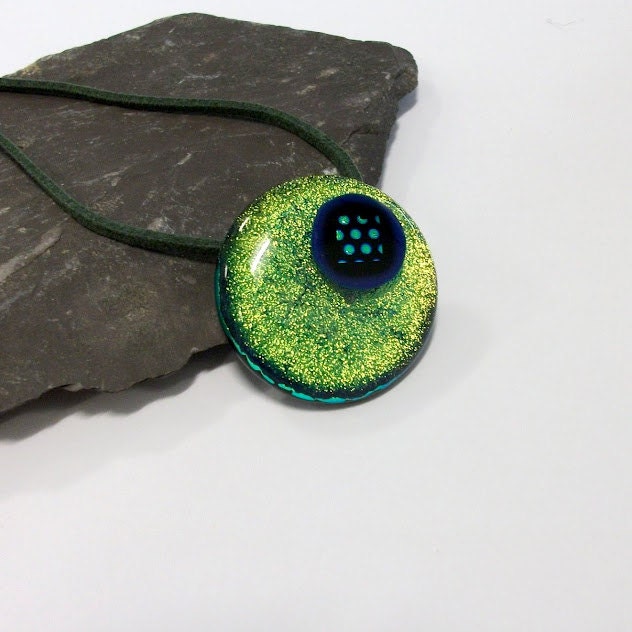 Green Blue Sparkly Magic Eye Fused Glass Pendant