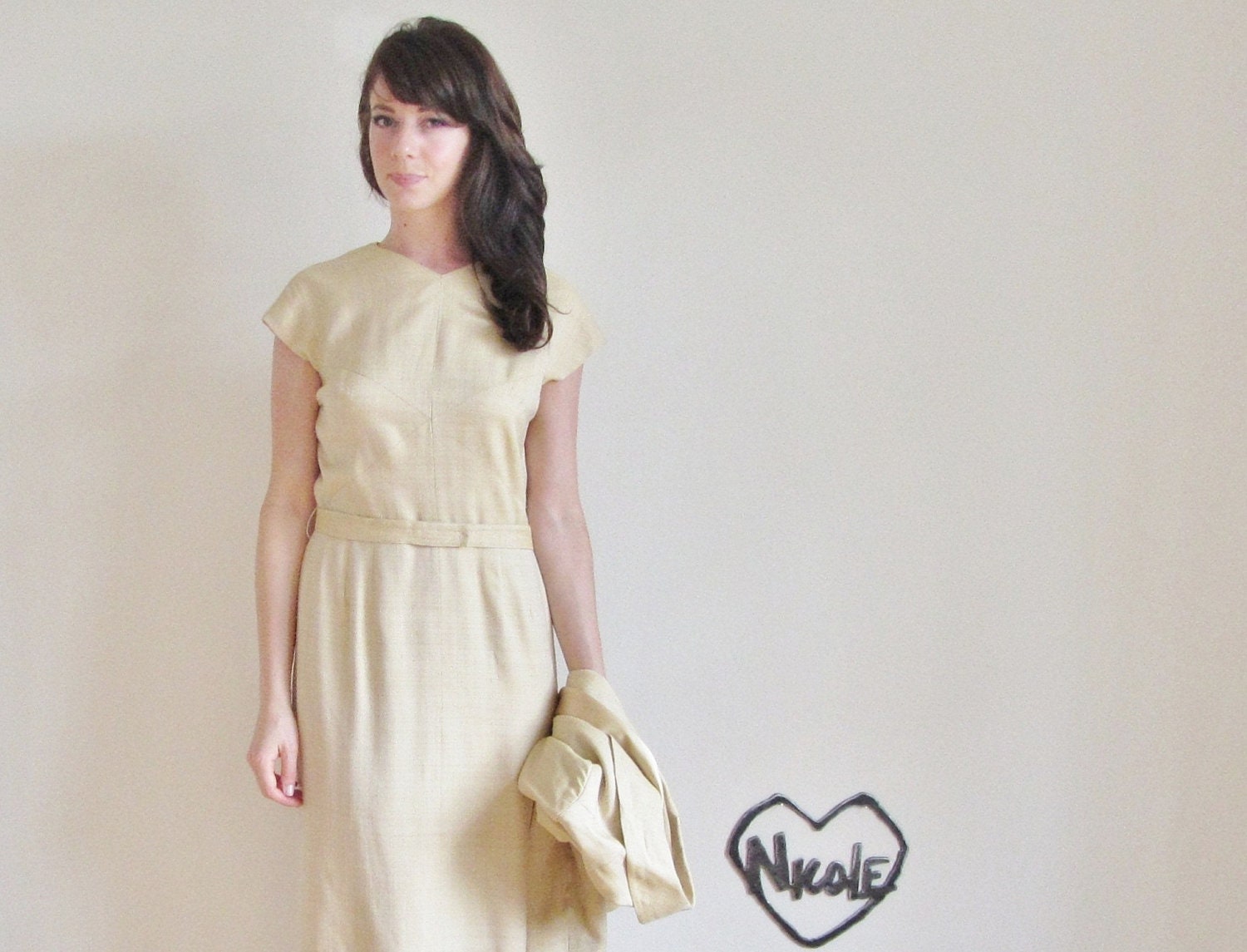 1960 gold fitted dress . matching blazer and belt . mad men secretary .large .sale