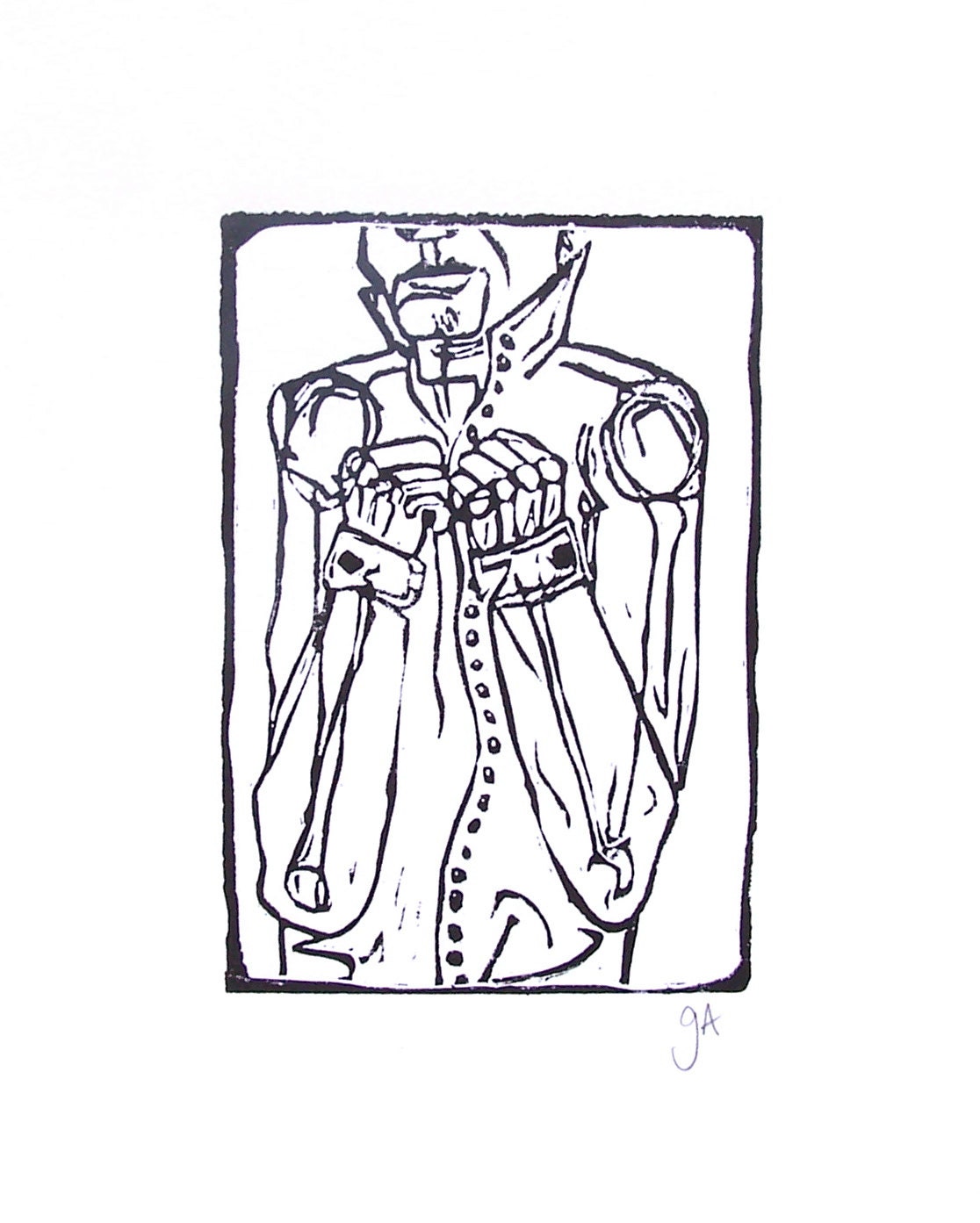 LINOCUT PRINT - too many buttons BLACK letterpress 8x10