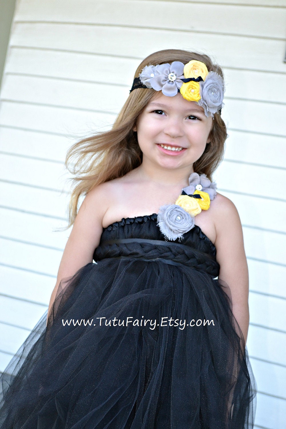 Black Tutu Dress with Yellow and Grey Rosettes. Tea Length Dress size newborn-5t