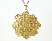 Gold Carved Medallion Necklace, aztec tribal motif, carve geometric pendant, long medallion