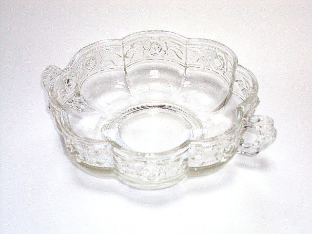Vintage Jeannette Glass Bowl, Scalloped Panel, Two Ornate Handles in Aztec Rose Pattern