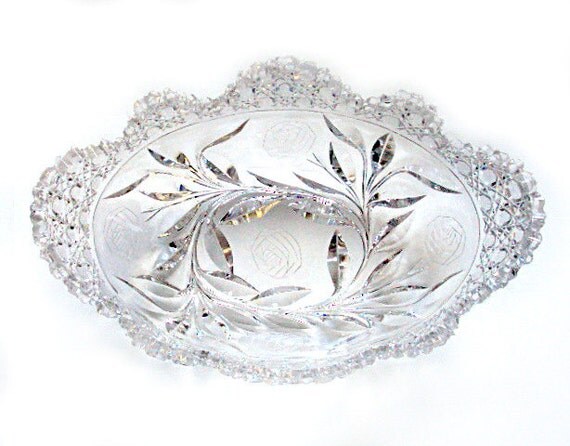 Vintage American Brilliant Glass Centerpiece Bowl. Cr.1910. Sawtooth Scalloped Edge, Etched Rose and Cane Pattern I Take CREDIT CARDS
