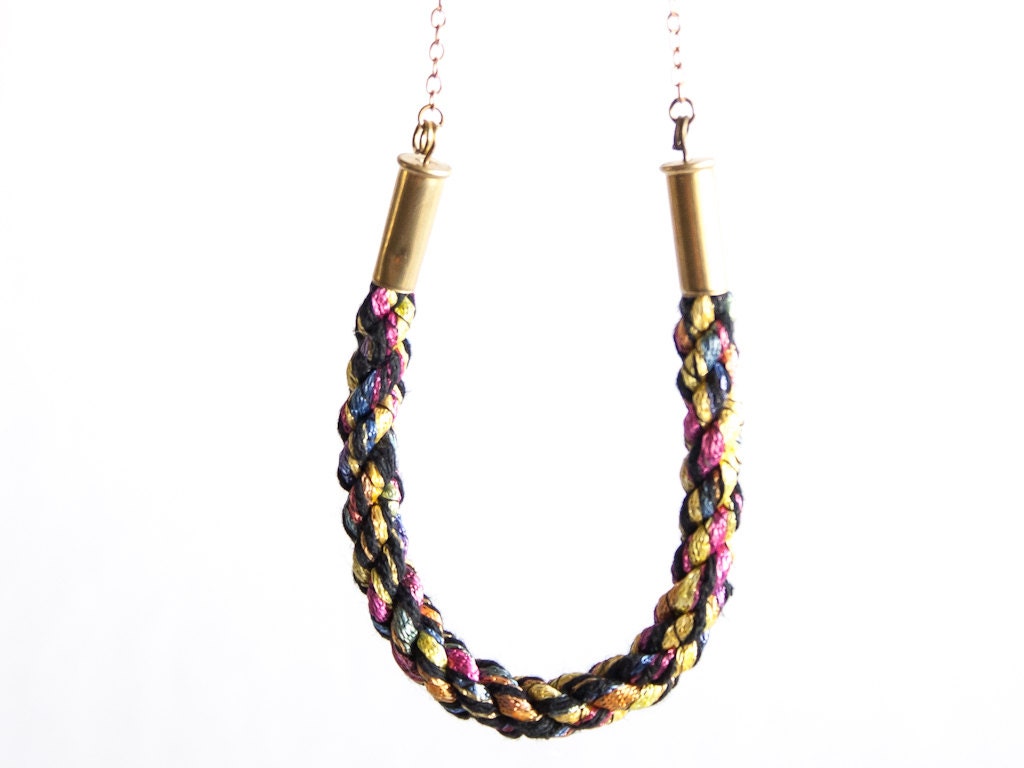 Short Braided Necklace Neon Black Mixed Media Adjustable