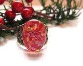 Red and Tinsel Cocktail Ring - Holiday Glitter Adjustable Statement Ring in Red