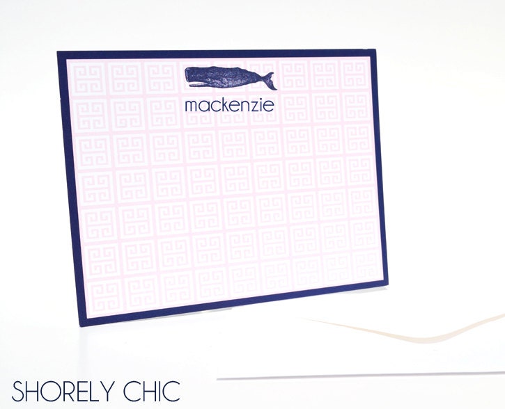 Monogrammed Pink Greek Key and Navy Whale Notecard Set