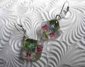 Sky Blue Forget-Me-Nots, Pink Heather Domed Square Glass Earrings-Real Pressed Flower Dangles-Symbolizes Memories, True Love