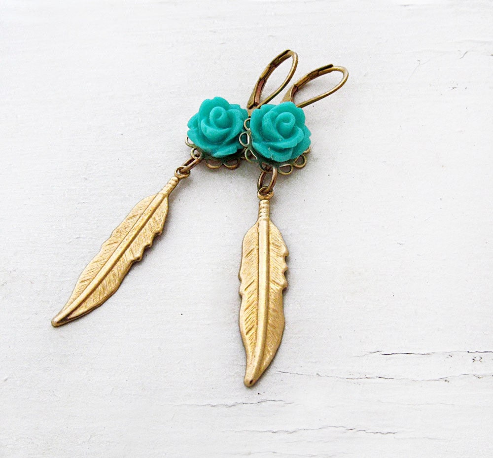 Gold Feather Earrings Turquoise Earrings Bohemian Jewelry Rose Earrings Long Feather Earrings Autumn Southwest - Sophia