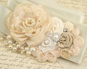 Bridal Sash Wedding Sash in Ivory, Cream and Champagne with Crystals and Pearls- Justine