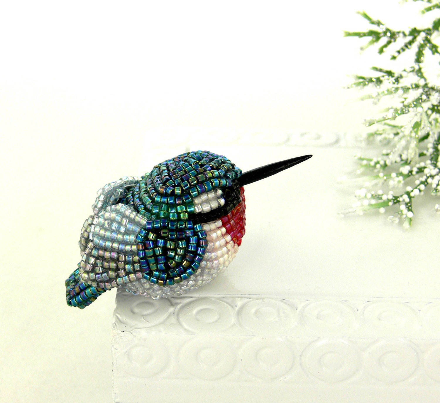 Hummingbird Figurine Tiny Beaded Ruby-Throated Hummingbird READY TO SHIP