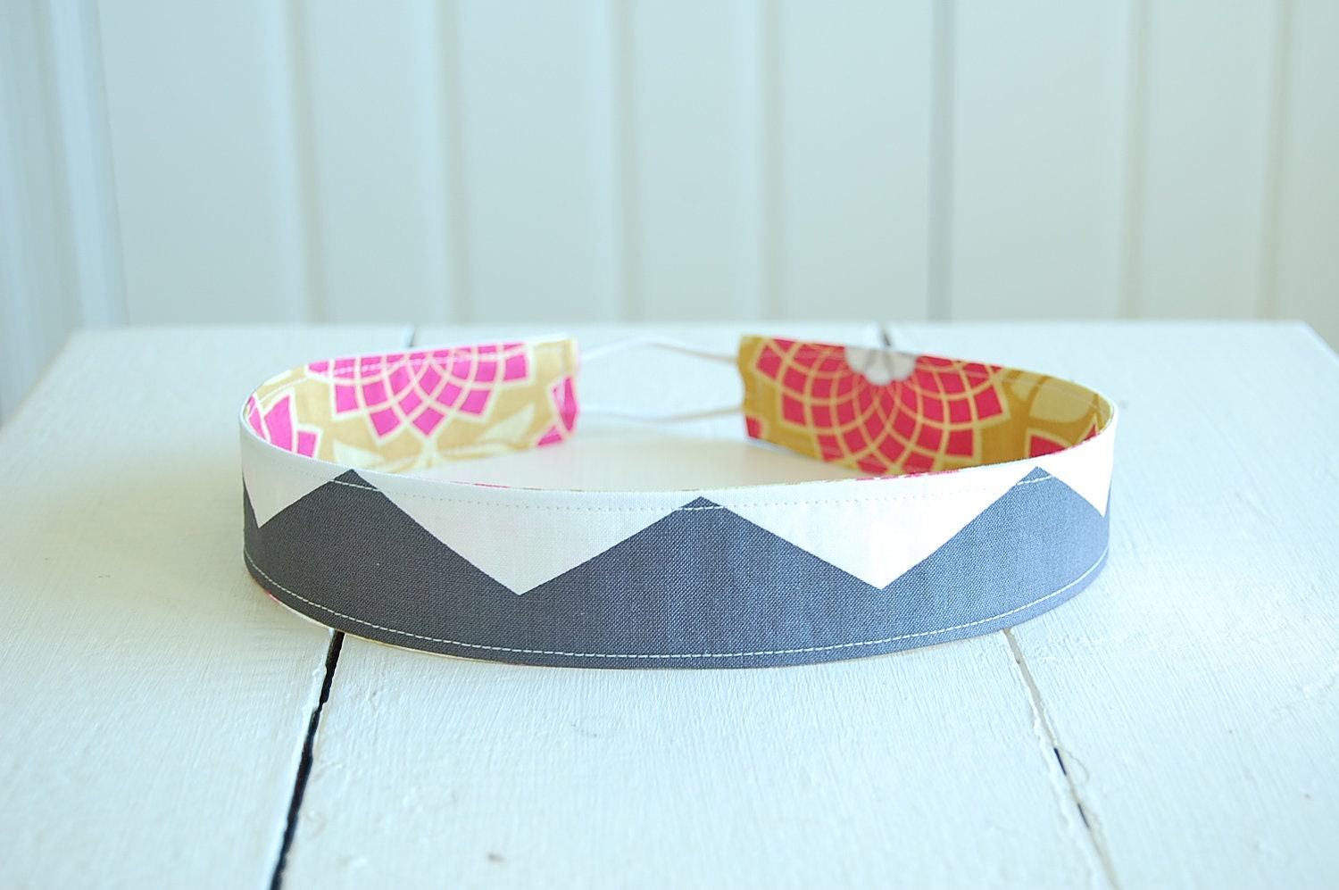 Handmade Fabric Reversible "Skinny" Headband - Gray and White Chevron with Pink and Gold Flowers