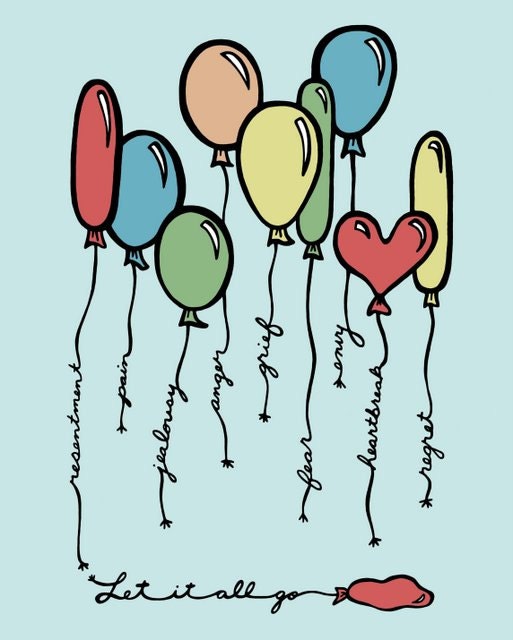 BOGO SALE - Red, Yellow, Green and Blue Balloons - Let It All Go - 8 x 10 Digital Illustration Art Print- Affirmation, Emotions