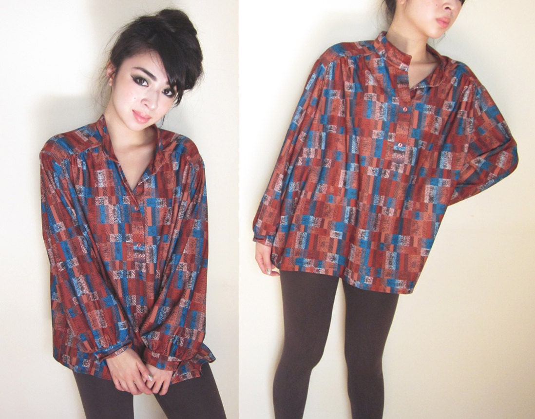 SALE 1960s Parachute Trapeze Abstract Geometric Print A-Line Loose Top Blouse Tunic XS S M L Free Size
