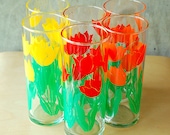 Vintage Tulip Glasses - Red, Yellow, Orange Flowers Floral Highball Tumblers